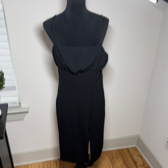 Divided black minimalist spaghetti straps ruched front slit midi dress Sz L - Picture 2 of 9